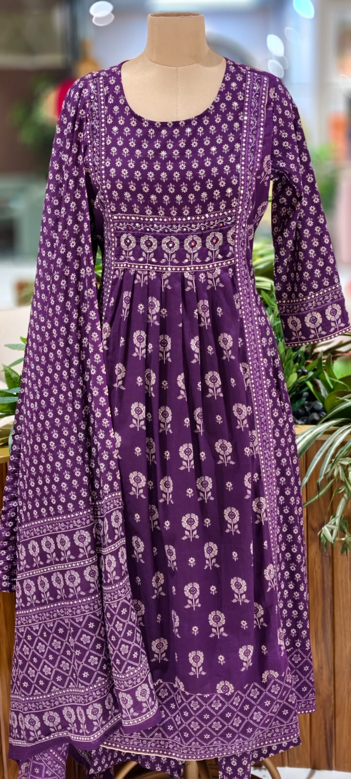 Mini Flower Print Foil Mirror Elegance Cotton A-Line Full Suit Set With Dupatta-13003