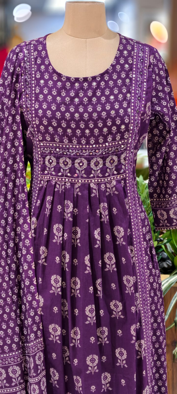 Mini Flower Print Foil Mirror Elegance Cotton A-Line Full Suit Set With Dupatta-13003