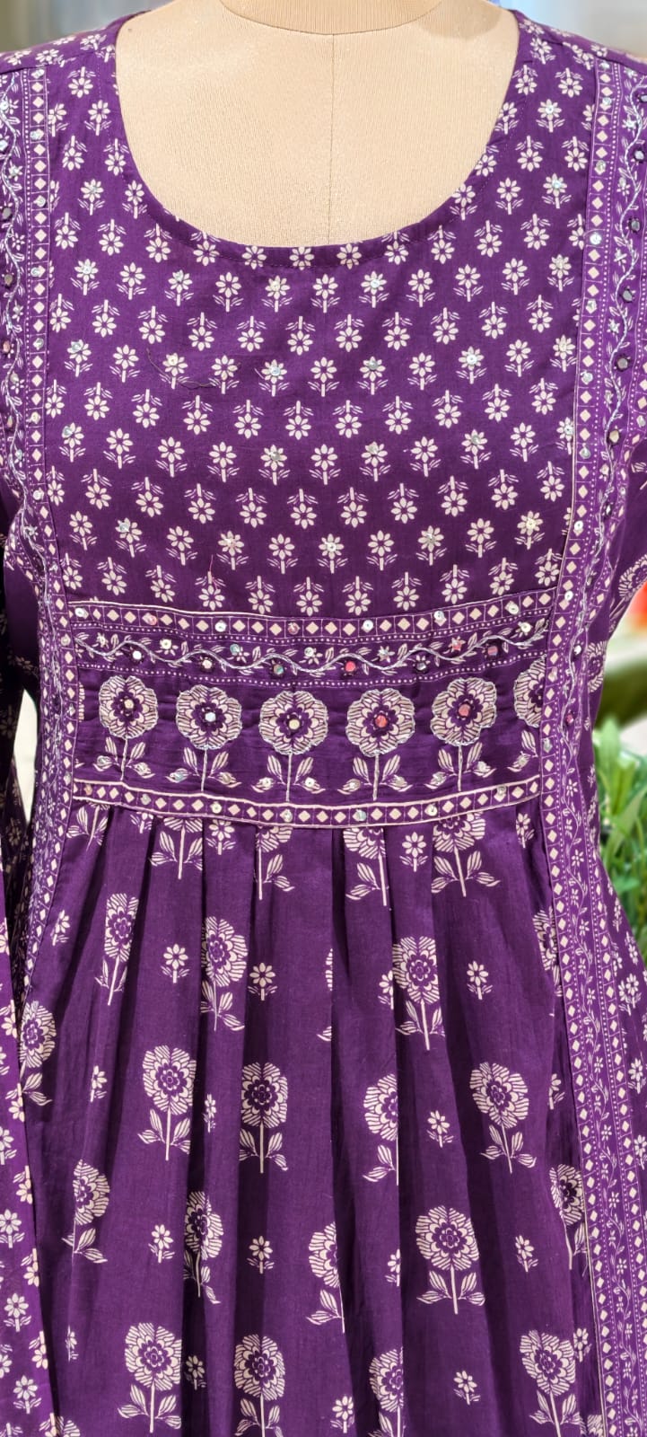 Mini Flower Print Foil Mirror Elegance Cotton A-Line Full Suit Set With Dupatta-13003