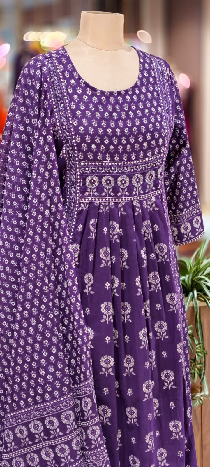 Mini Flower Print Foil Mirror Elegance Cotton A-Line Full Suit Set With Dupatta-13003