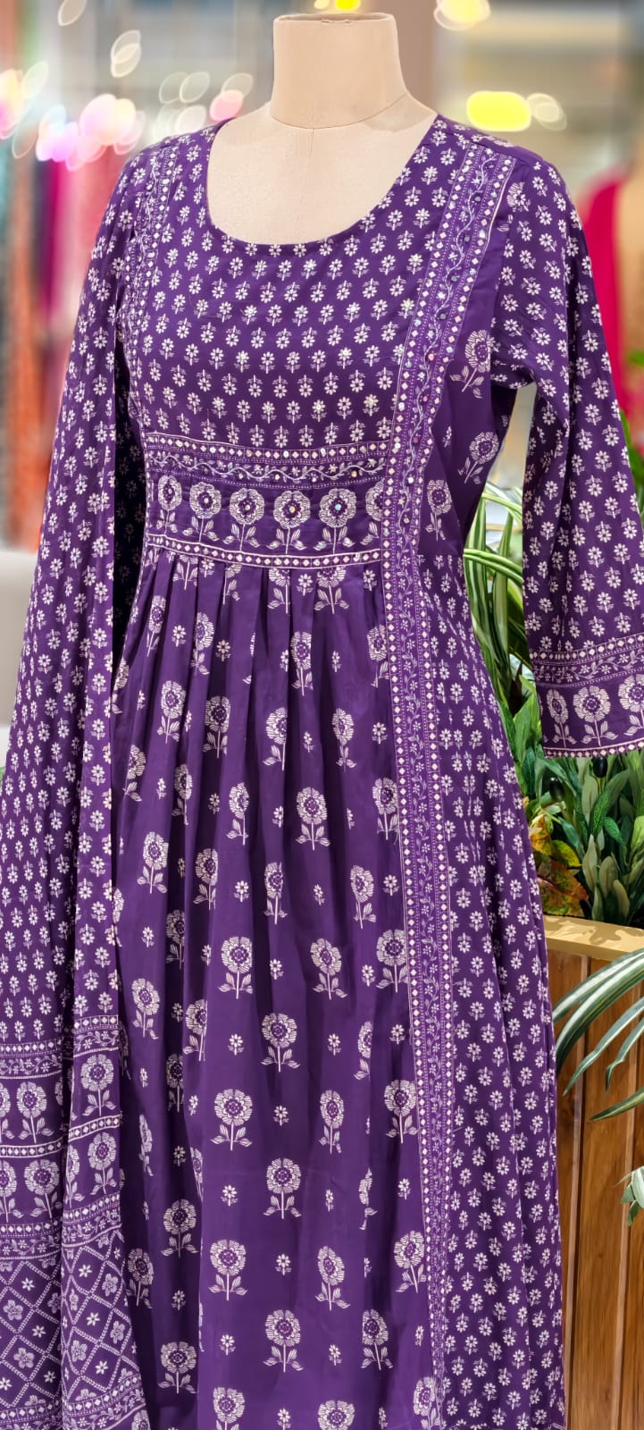 Mini Flower Print Foil Mirror Elegance Cotton A-Line Full Suit Set With Dupatta-13003