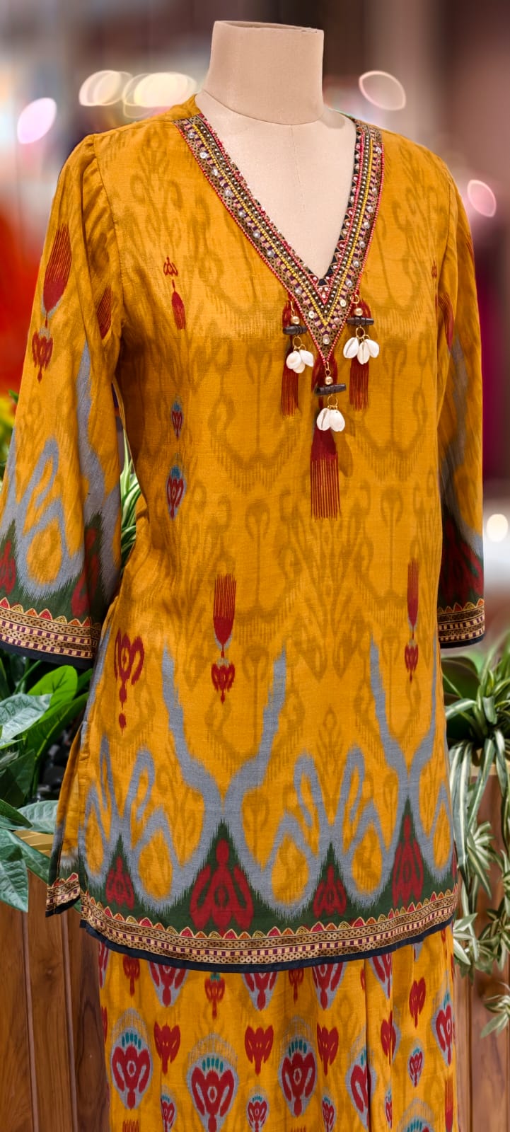 Folk Motif Mustard Ikat-Inspired Kurta Pant Set In Muslin Fabric- 12984