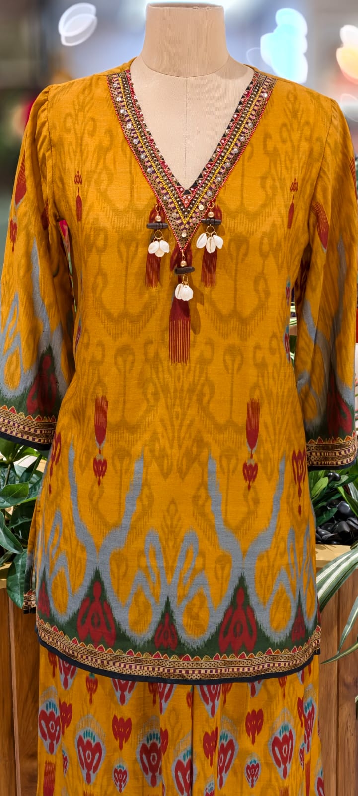 Folk Motif Mustard Ikat-Inspired Kurta Pant Set In Muslin Fabric- 12984