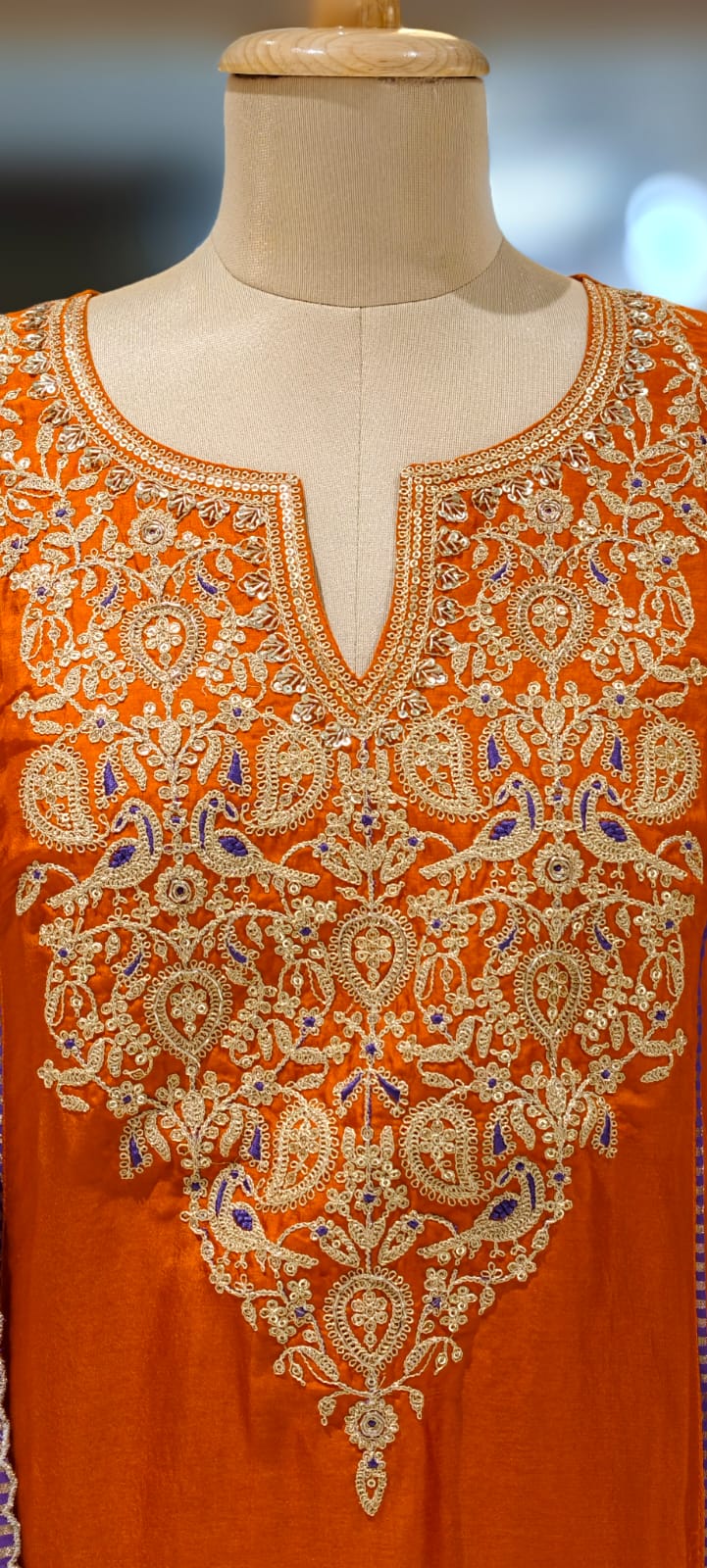 Purple Striped Zarina Yoke A-Line Full Suit Set With Dupatta In Dola Silk Fabric