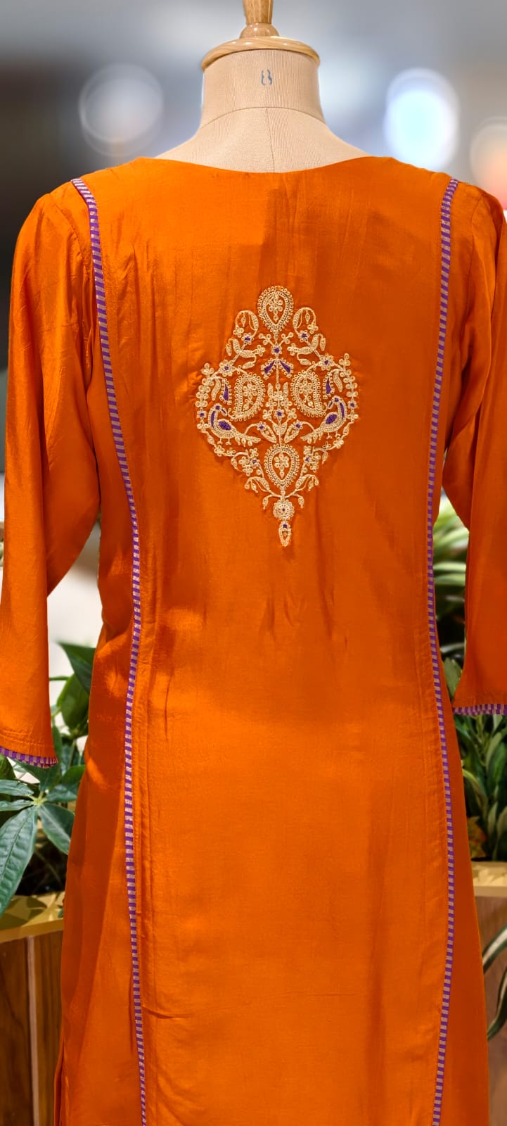 Purple Striped Zarina Yoke A-Line Full Suit Set With Dupatta In Dola Silk Fabric