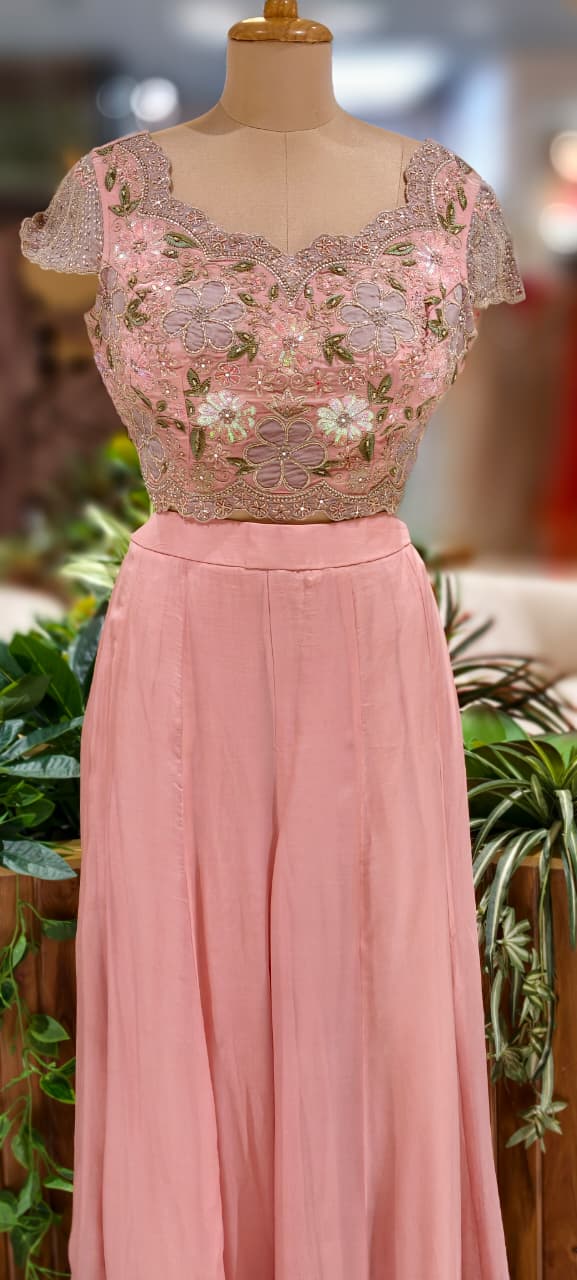 Very Elegant Look Floral Embroidered Cut-Work Designer Crop-Top With Palazzo Bottom & Tasseled Shrug- 12964 (Dispatching After 45 Days On Orders)