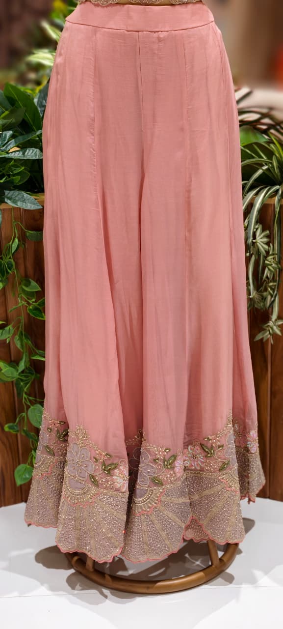 Very Elegant Look Floral Embroidered Cut-Work Designer Crop-Top With Palazzo Bottom & Tasseled Shrug- 12964 (Dispatching After 45 Days On Orders)