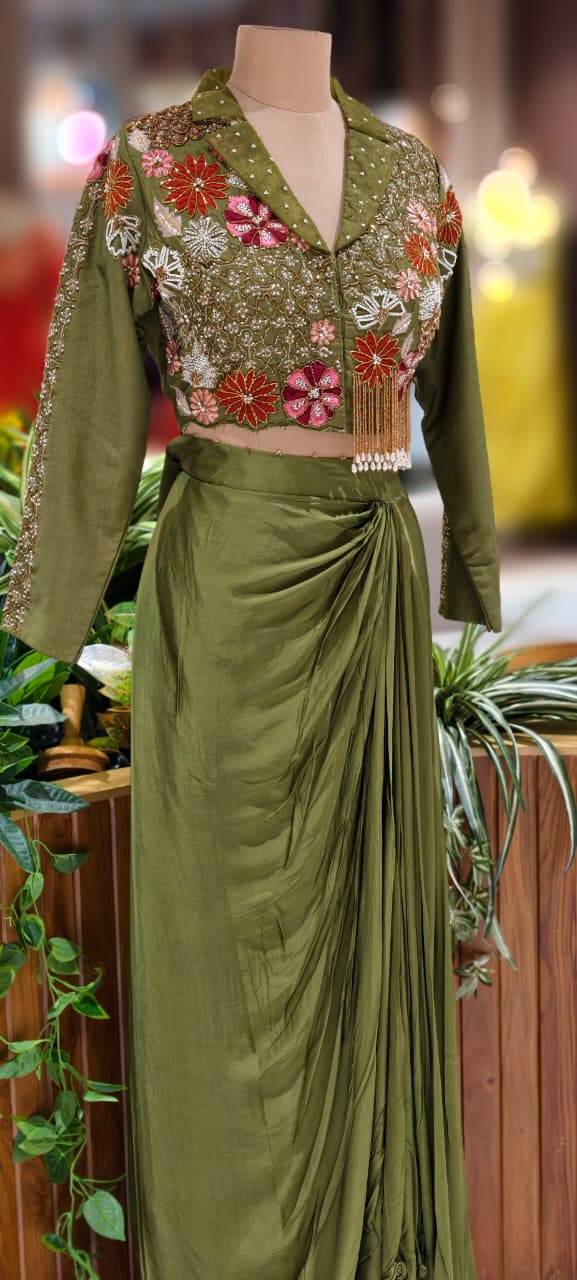 Designer Embroidered Tassled Crop Top With Crepe Drape Skirt DRYWASH (Dispatching After 45 Days On Orders)