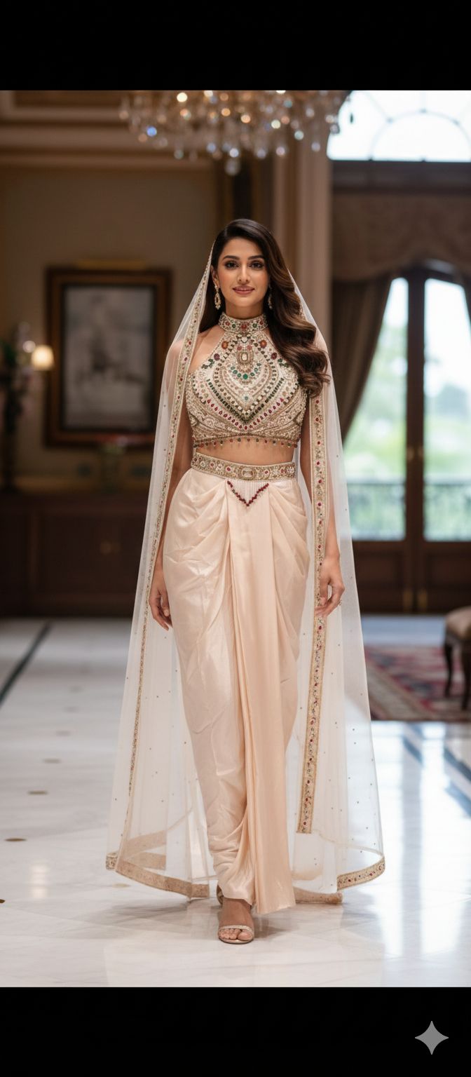 Jewelry Look Colorful Stoned Heavy Hand Work Blouse With Drape Skirt & Dupatta- 13020 (Dispatching After 45 Days On Orders)