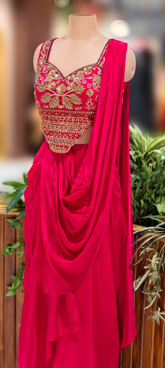 Fuchsia Blush Golden Unique Hand Worked Patterned Blouse With Flared Skirt With Attached Dupatta Look- 13032