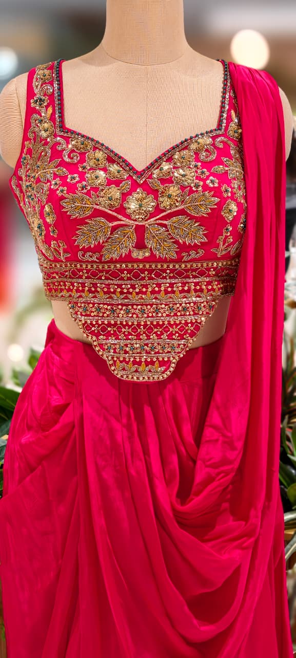 Fuchsia Blush Golden Unique Hand Worked Patterned Blouse With Flared Skirt With Attached Dupatta Look- 13032