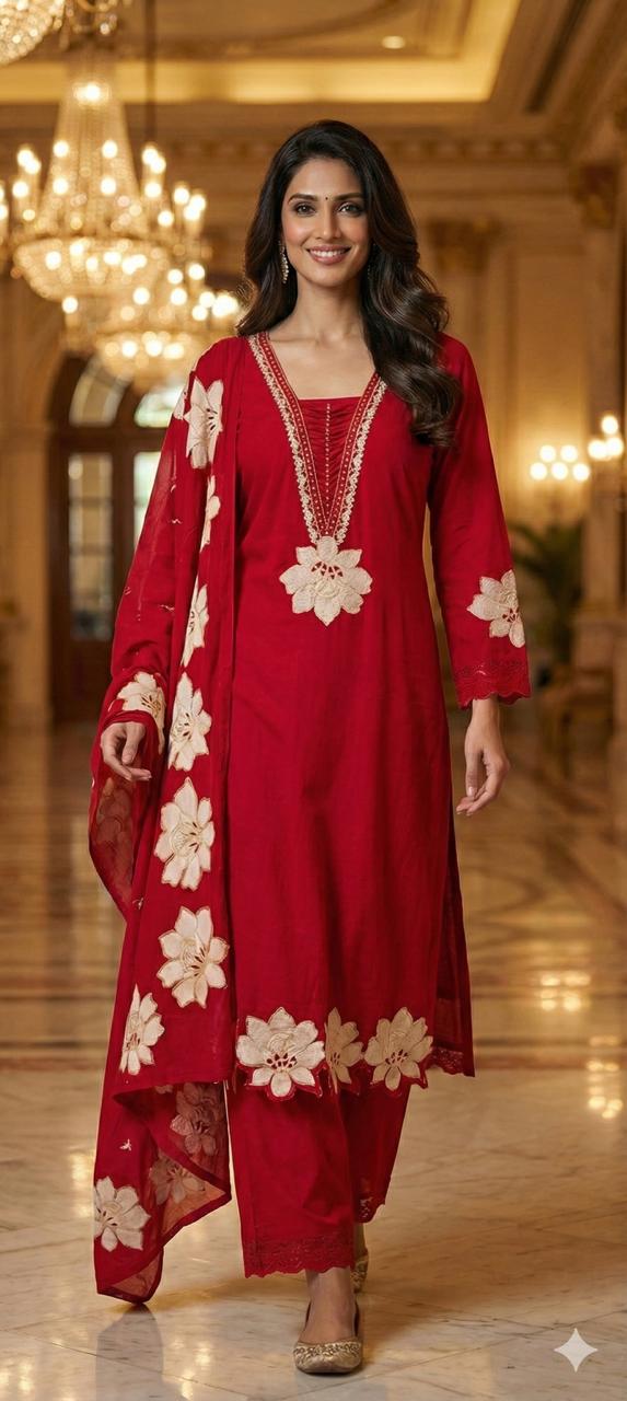 Floral Cut-Work Unique Pleated V-Neck Line Cotton Full Suit Set With Dupatta- 13007