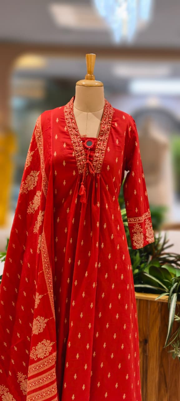 Minimal Neck Line Real Mirror Thread Tasseled A-Line Printed Full Suit Set With Dupatta In Cotton Fabric- 13047