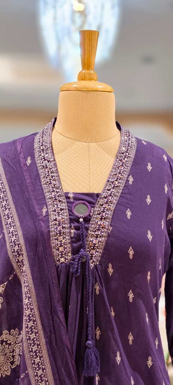 Minimal Neck Line Real Mirror Thread Tasseled A-Line Printed Full Suit Set With Dupatta In Cotton Fabric- 13047