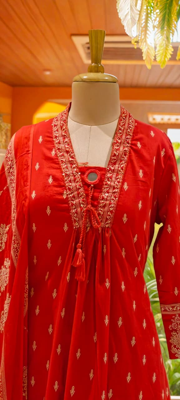 Minimal Neck Line Real Mirror Thread Tasseled A-Line Printed Full Suit Set With Dupatta In Cotton Fabric- 13047