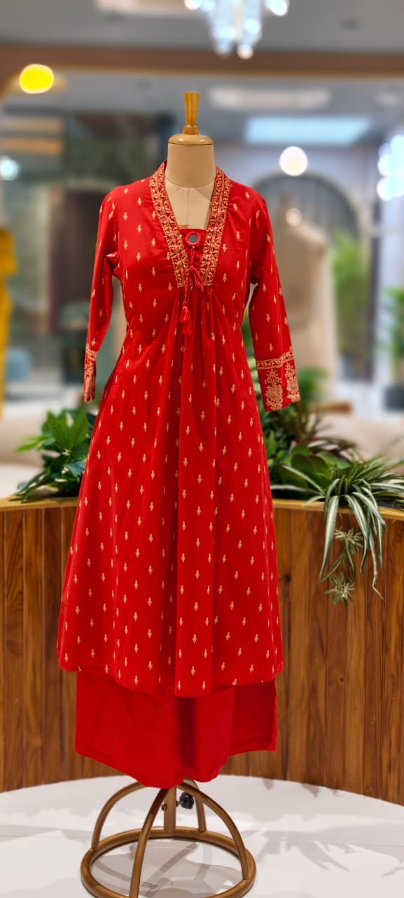 Minimal Neck Line Real Mirror Thread Tasseled A-Line Printed Full Suit Set With Dupatta In Cotton Fabric- 13047