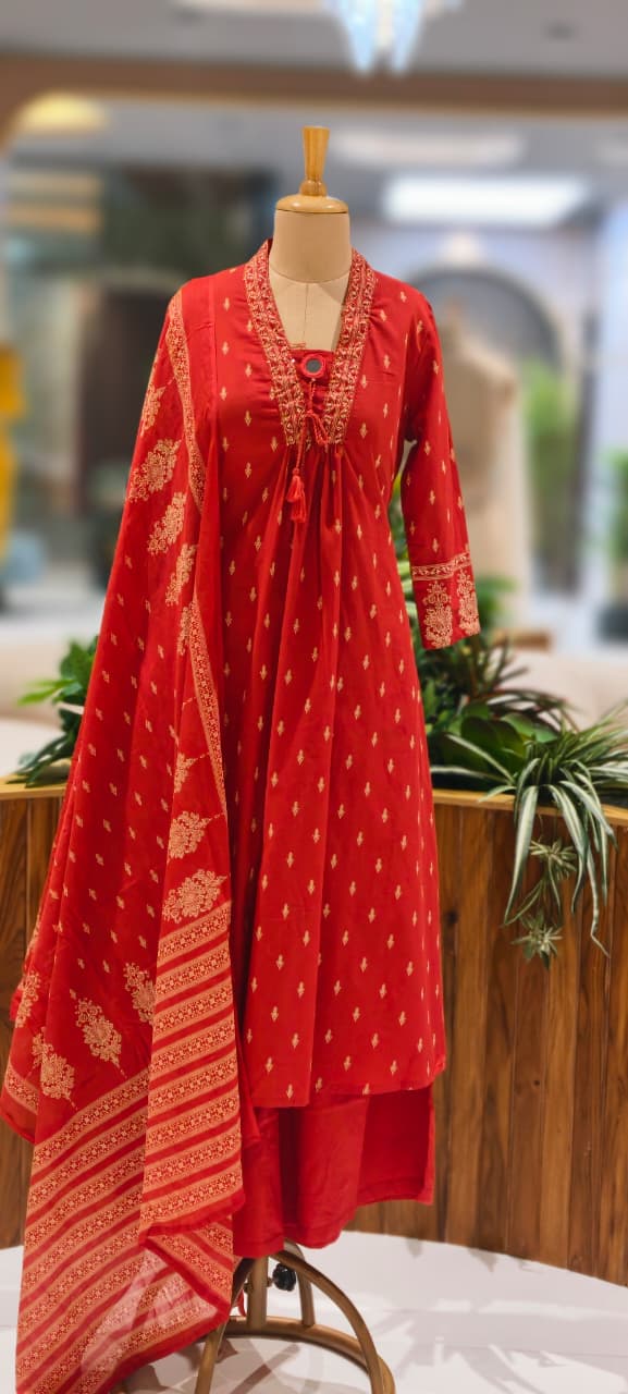 Minimal Neck Line Real Mirror Thread Tasseled A-Line Printed Full Suit Set With Dupatta In Cotton Fabric- 13047