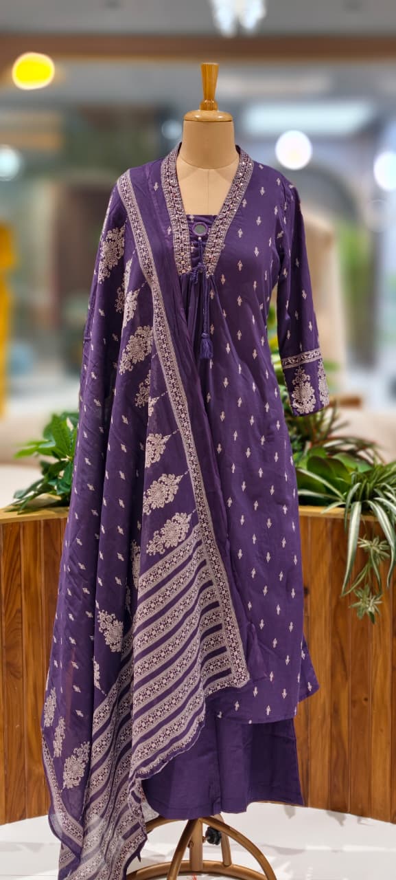 Minimal Neck Line Real Mirror Thread Tasseled A-Line Printed Full Suit Set With Dupatta In Cotton Fabric- 13047