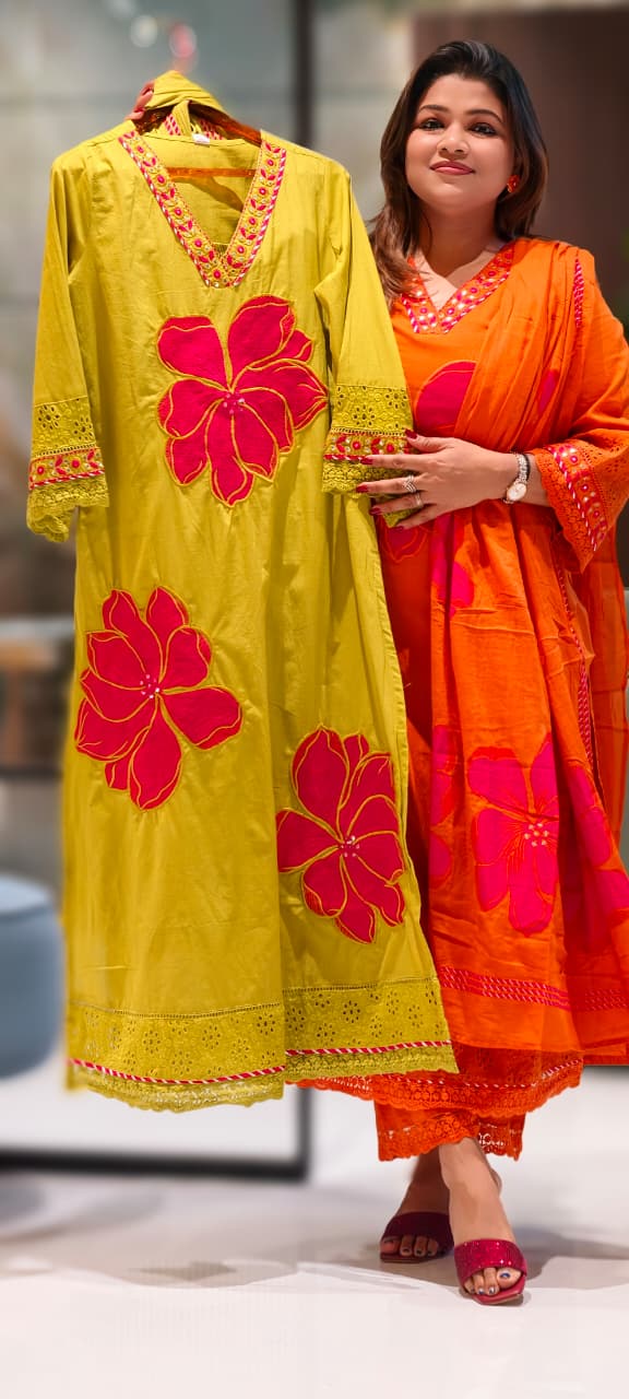 Beautiful Neck Line Giant Floral Embroidery Cotton Full Suit Set With Dupatta-13059