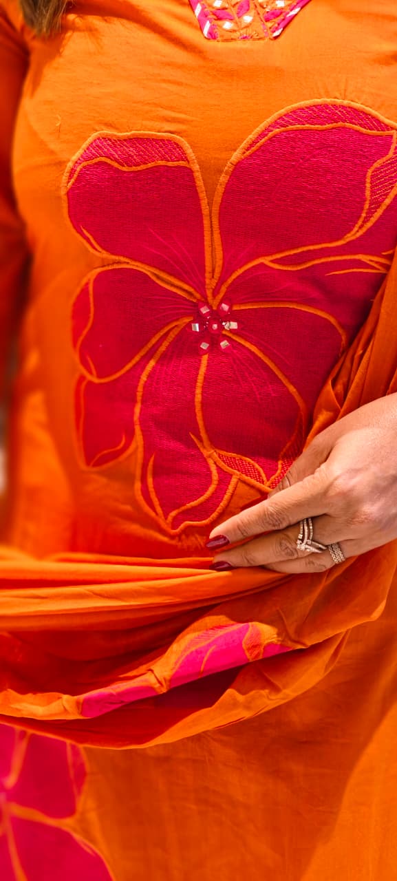 Beautiful Neck Line Giant Floral Embroidery Cotton Full Suit Set With Dupatta-13059