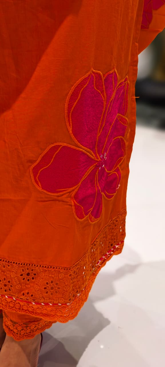 Beautiful Neck Line Giant Floral Embroidery Cotton Full Suit Set With Dupatta-13059