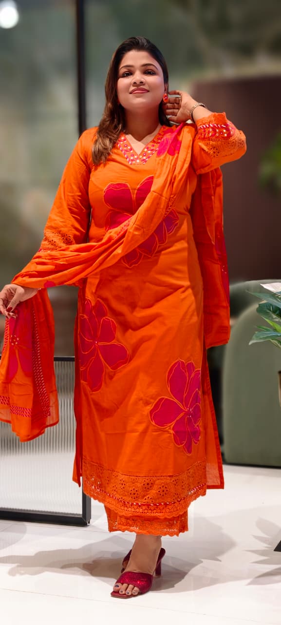 Beautiful Neck Line Giant Floral Embroidery Cotton Full Suit Set With Dupatta-13059