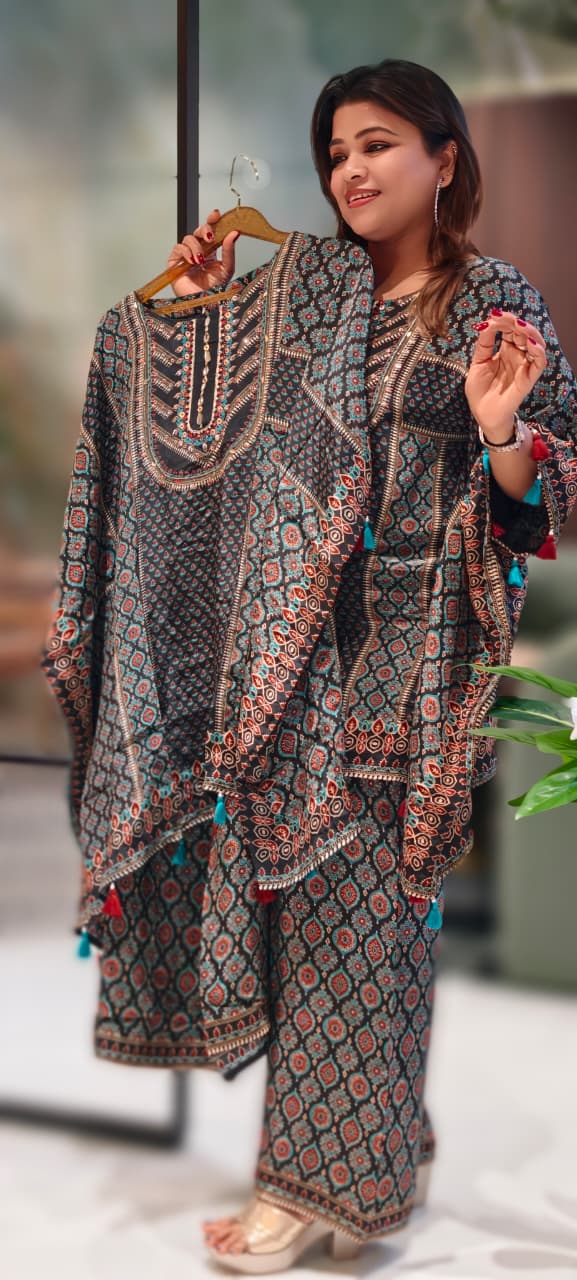 Ajrak Print Very Stylish Tasseled Kaftan Style Kurta With Loose Palazzo Bottom In Crepe Fabric-13067