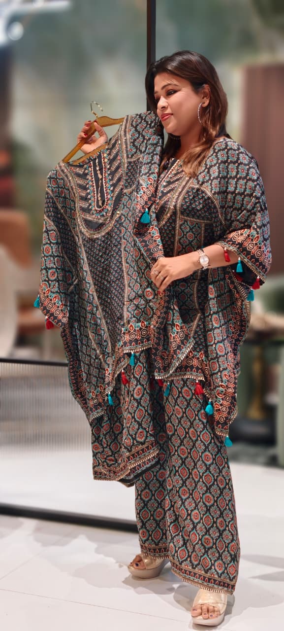 Ajrak Print Very Stylish Tasseled Kaftan Style Kurta With Loose Palazzo Bottom In Crepe Fabric-13067