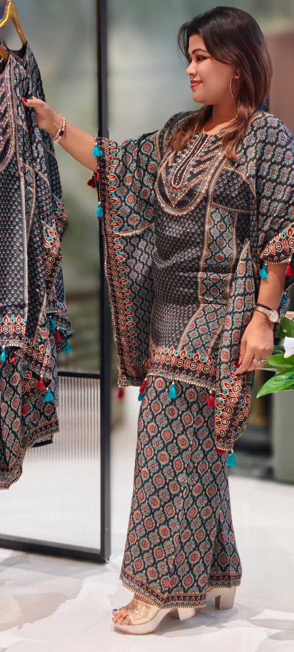 Ajrak Print Very Stylish Tasseled Kaftan Style Kurta With Loose Palazzo Bottom In Crepe Fabric-13067