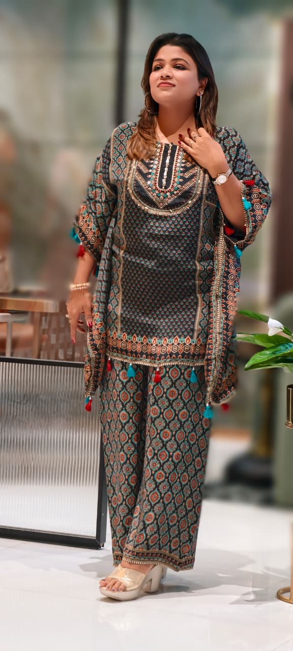 Ajrak Print Very Stylish Tasseled Kaftan Style Kurta With Loose Palazzo Bottom In Crepe Fabric-13067