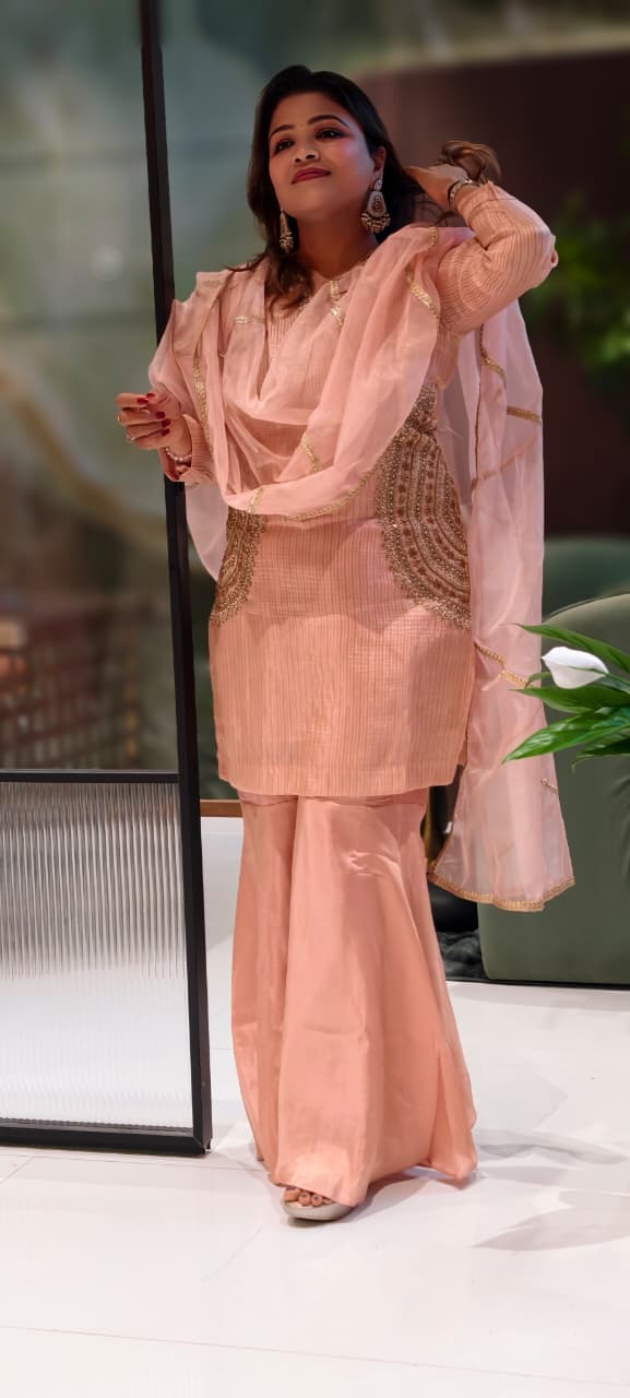 Fine Zardosi Work Golden Striped Full Suit Set With Tapered Palazzo Bottom & Dupatta In Tissue Fabric- 13056