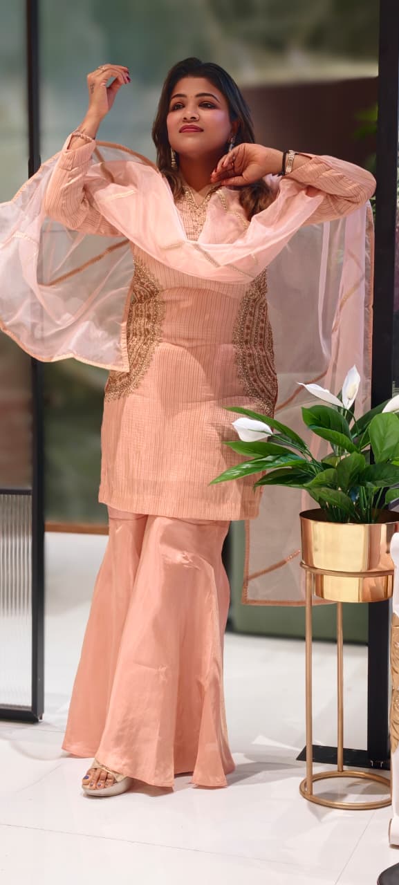 Fine Zardosi Work Golden Striped Full Suit Set With Tapered Palazzo Bottom & Dupatta In Tissue Fabric- 13056