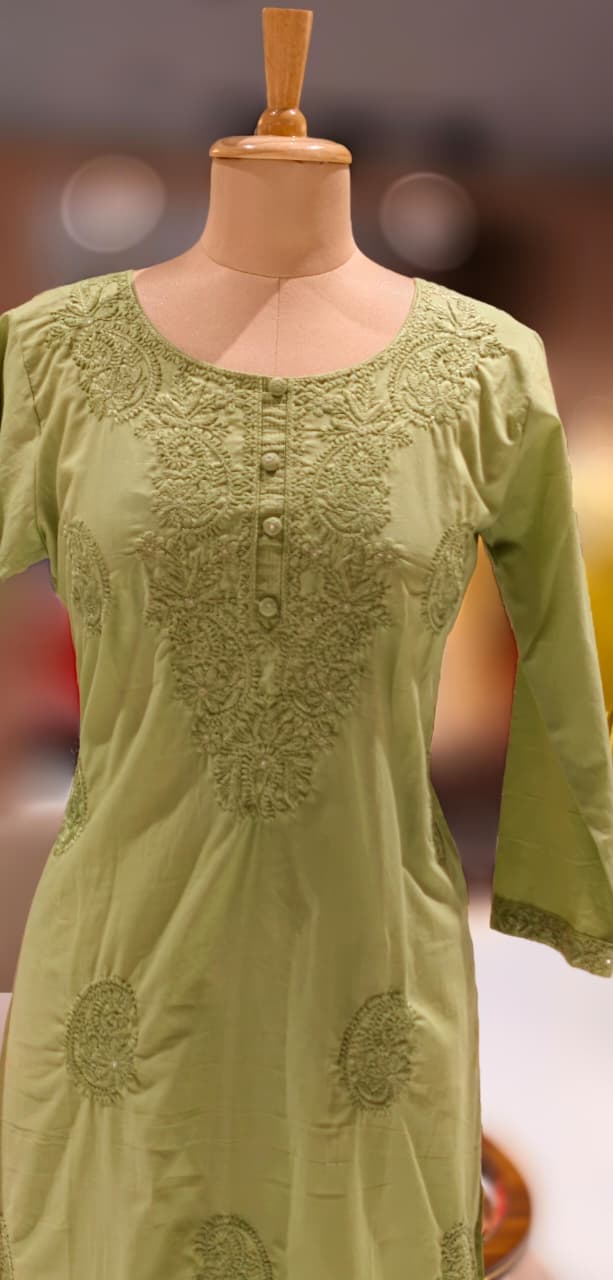 Chikankari Pastel Shade Buttoned Cotton Kurti Only- 13060