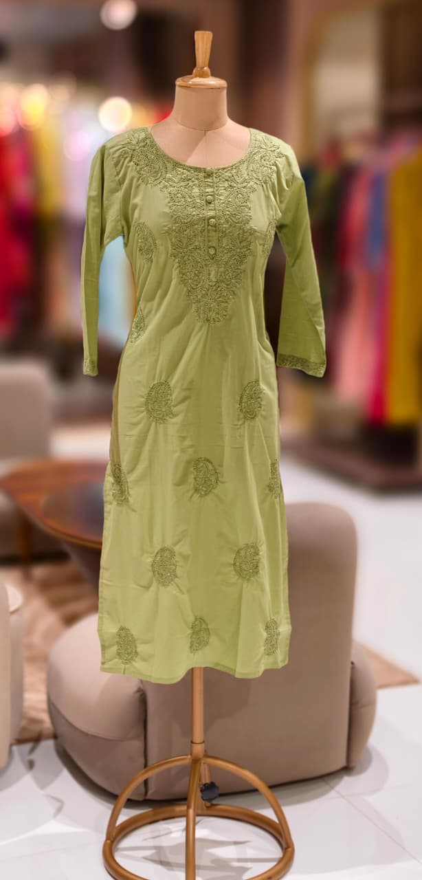 Chikankari Pastel Shade Buttoned Cotton Kurti Only- 13060