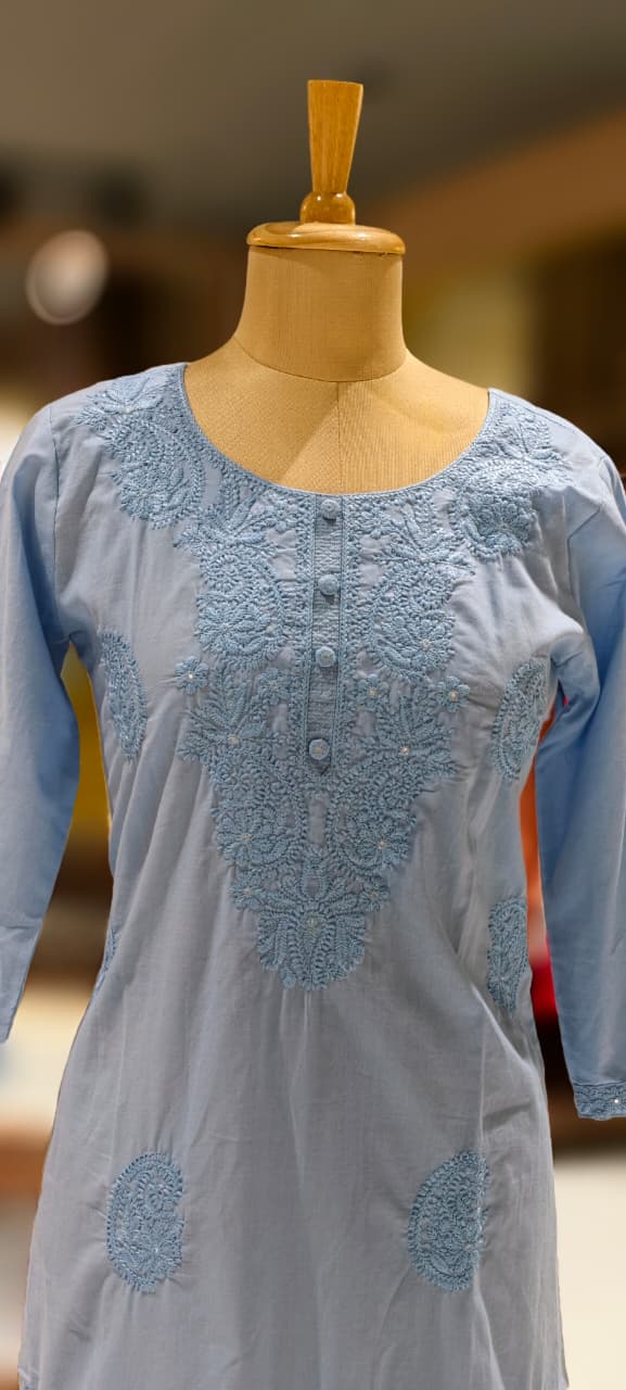 Chikankari Pastel Shade Buttoned Cotton Kurti Only- 13060