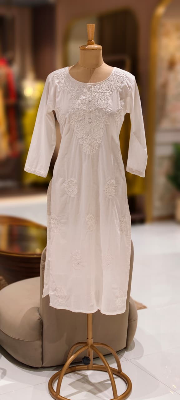 Chikankari Pastel Shade Buttoned Cotton Kurti Only- 13060