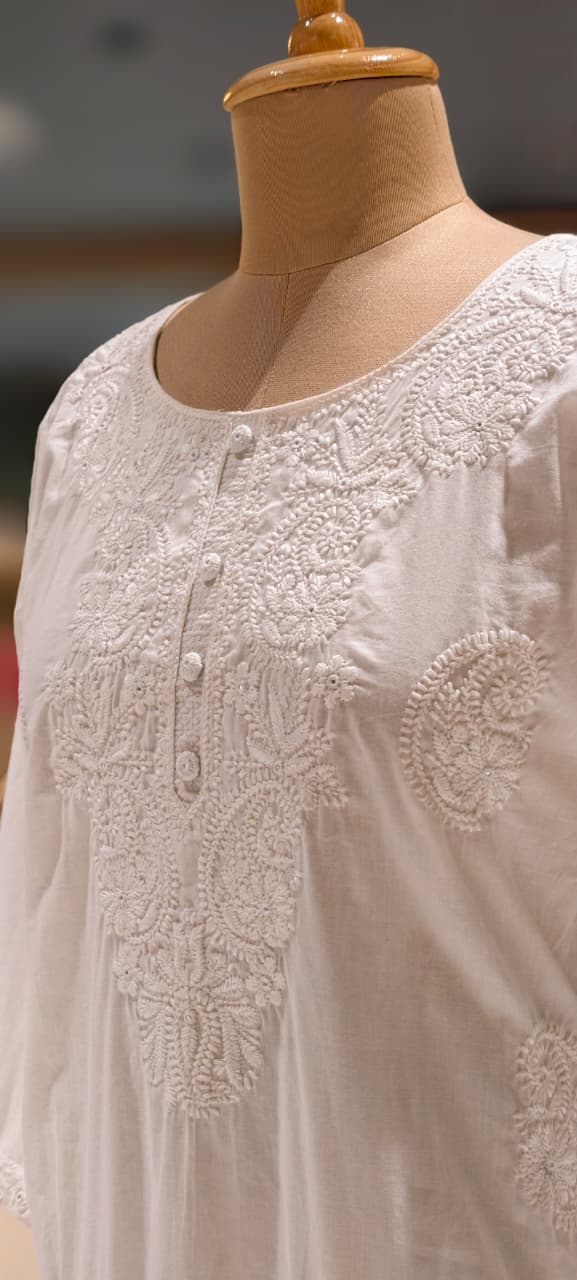 Chikankari Pastel Shade Buttoned Cotton Kurti Only- 13060