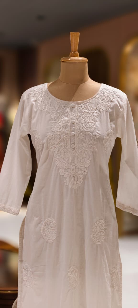 Chikankari Pastel Shade Buttoned Cotton Kurti Only- 13060