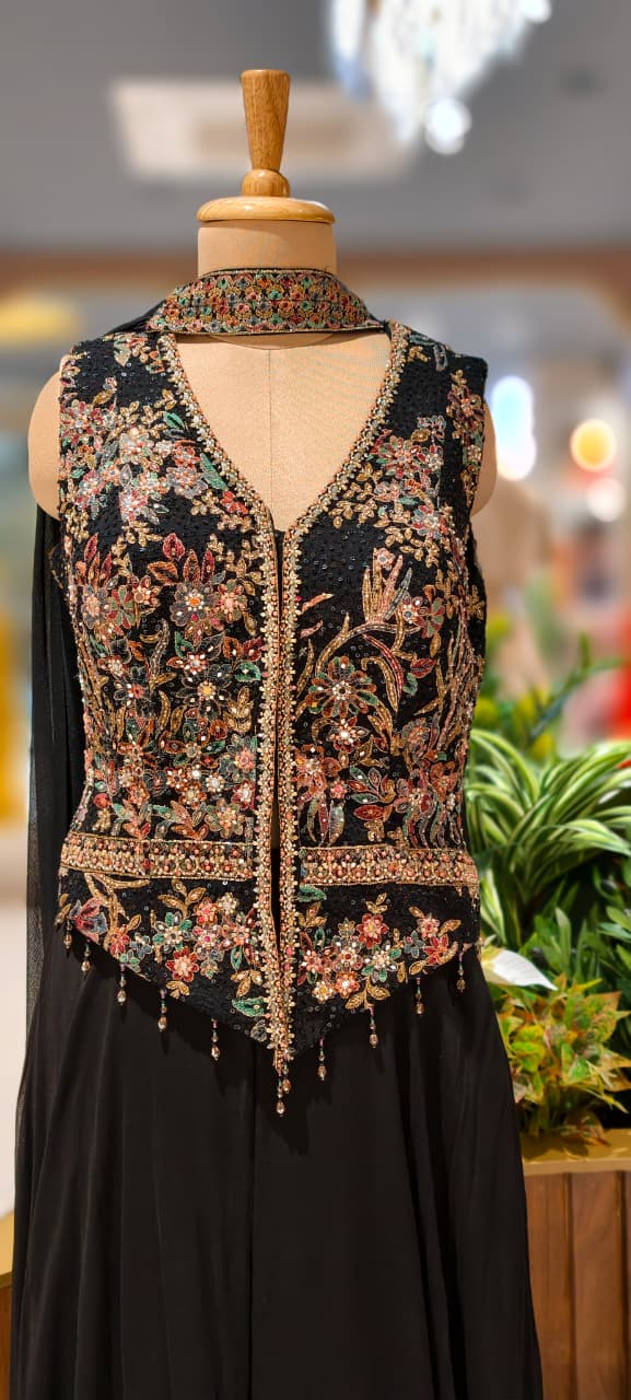 Sequin Embellished Multicolor Thread Embroidered Premium Blouse With Flared Palazzo Bottom & Chowker Dupatta- 12466