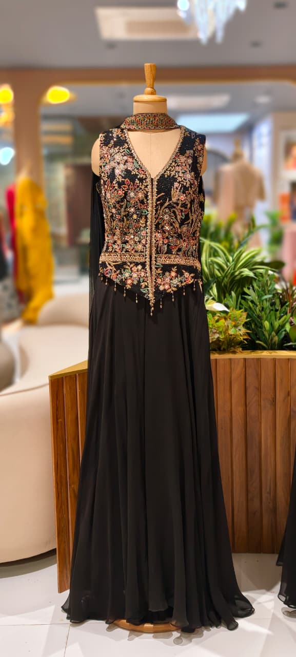 Sequin Embellished Multicolor Thread Embroidered Premium Blouse With Flared Palazzo Bottom & Chowker Dupatta- 12466