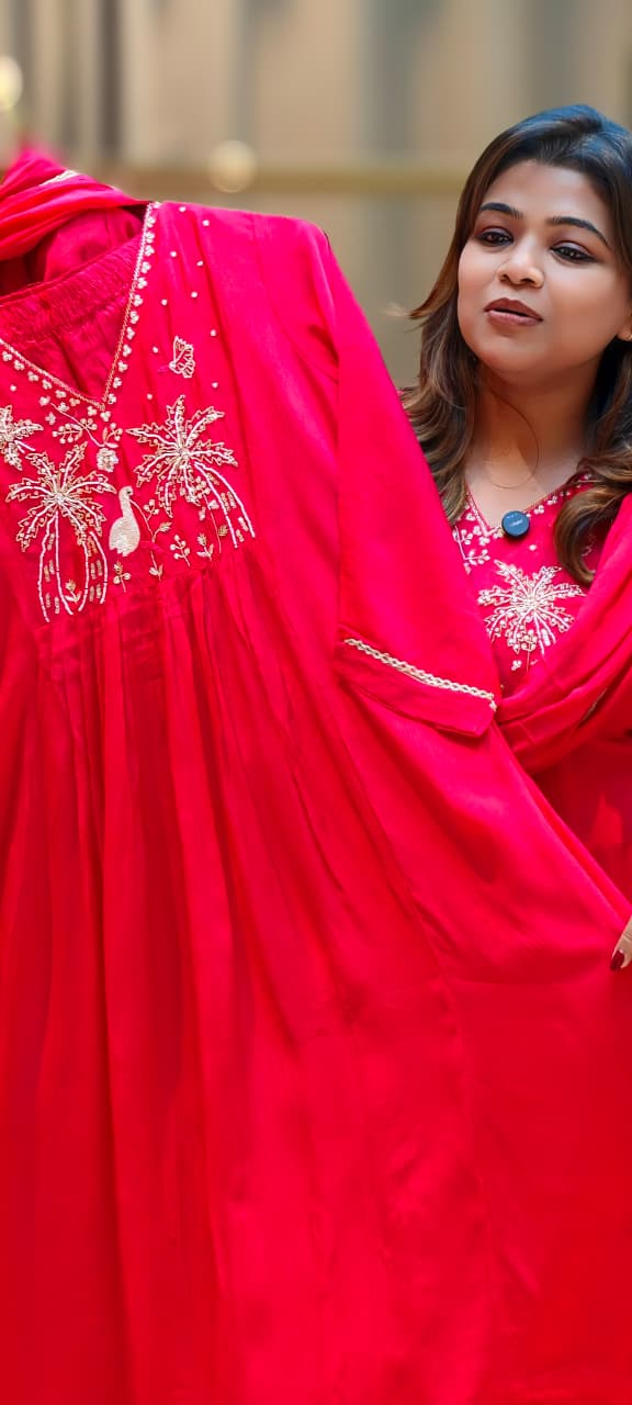 Figures With Trees Cut Dana & Pearl Work Chinon A-Line Full Suit Set With Dupatta- 13045