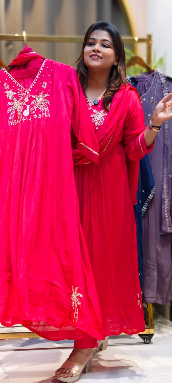 Figures With Trees Cut Dana & Pearl Work Chinon A-Line Full Suit Set With Dupatta- 13045