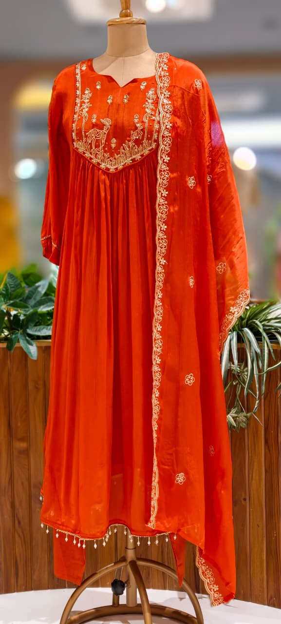 Figures Embroidery Beautiful Front Yoke Chinon A-Line Full Suit Set With Dupatta-13048