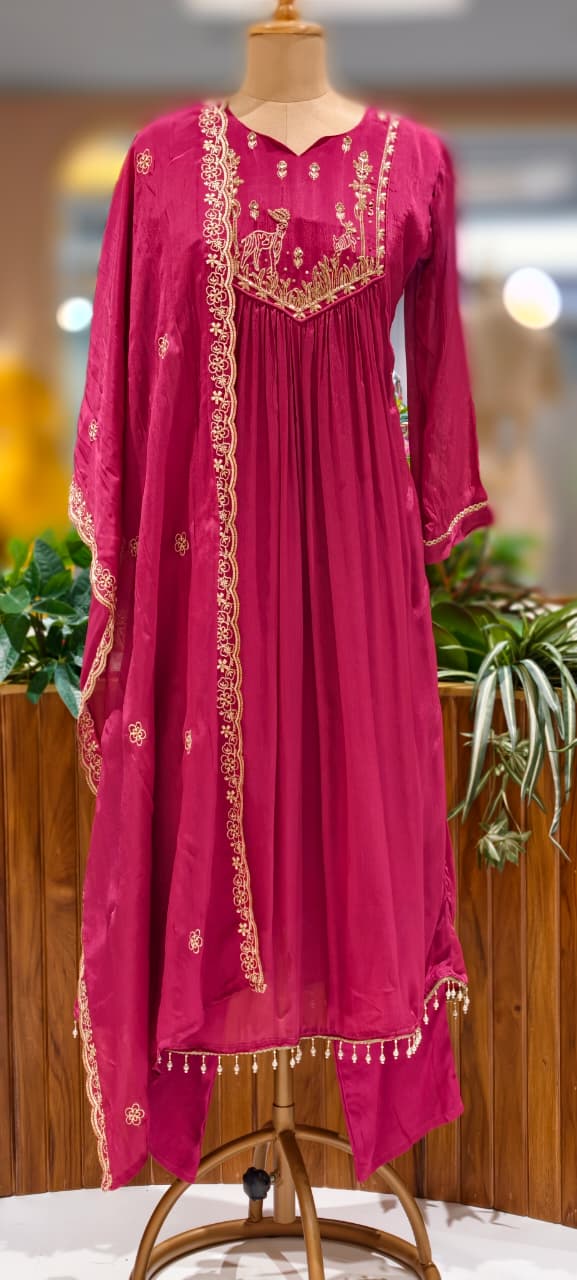 Figures Embroidery Beautiful Front Yoke Chinon A-Line Full Suit Set With Dupatta-13048