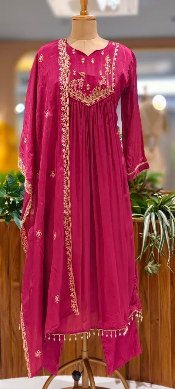 Figures Embroidery Beautiful Front Yoke Chinon A-Line Full Suit Set With Dupatta-13048