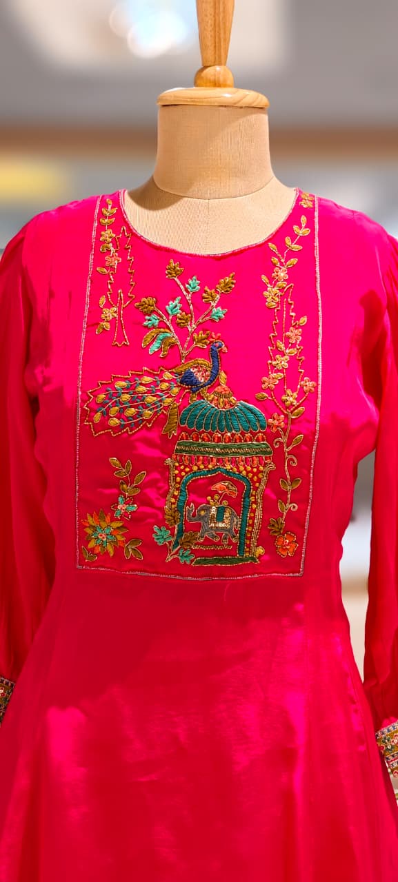 Figured Embroidery With Cut-Dana Outline A-Line Balloon Sleeve Kurta With Worked Straight Bottom- 13068