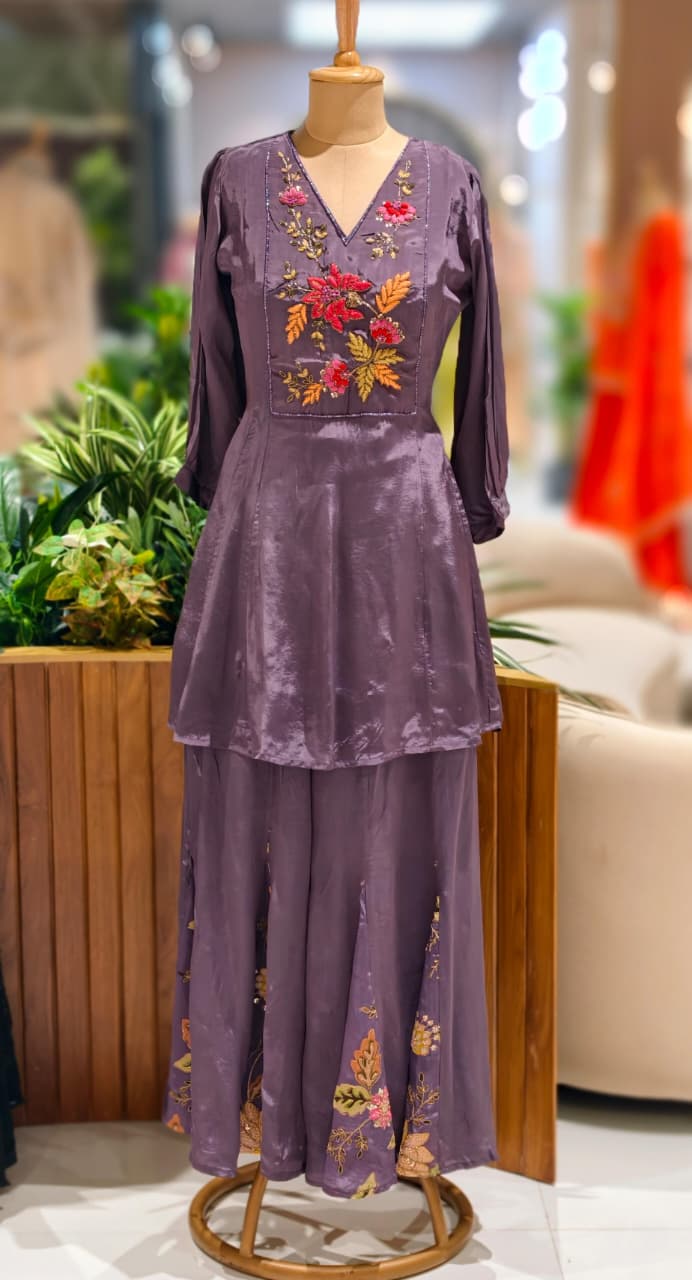 Fine Floral Embroidery Yoke Peplum Style Kurta With Panel Palazzo Bottom- 13073