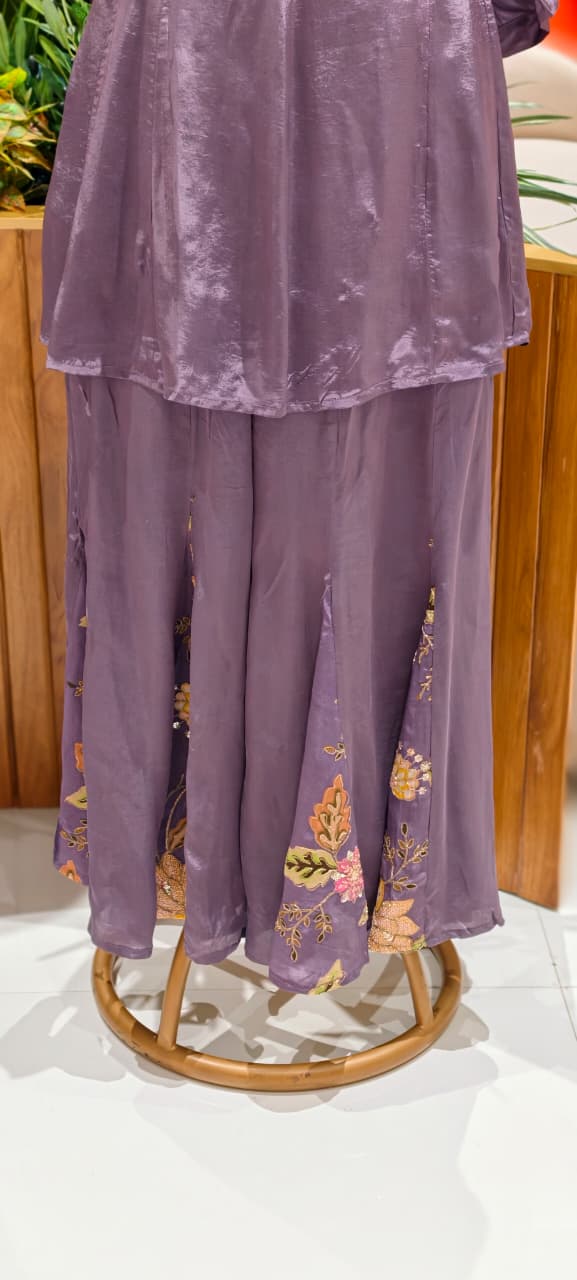 Fine Floral Embroidery Yoke Peplum Style Kurta With Panel Palazzo Bottom- 13073