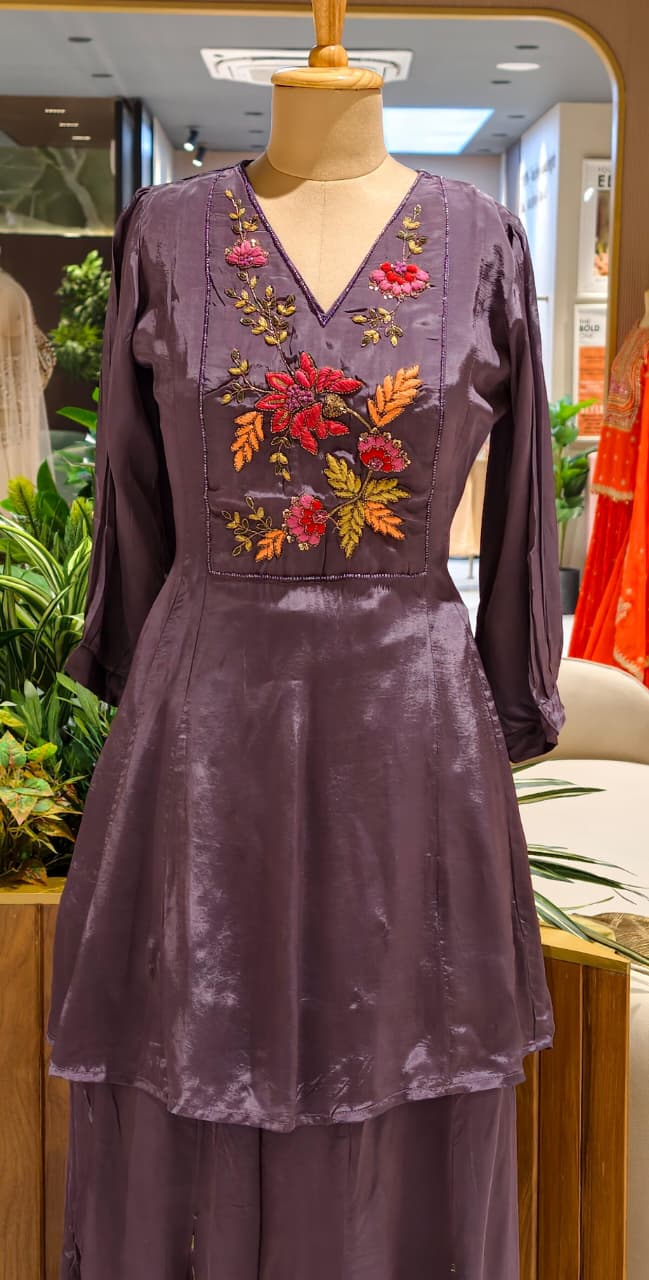 Fine Floral Embroidery Yoke Peplum Style Kurta With Panel Palazzo Bottom- 13073