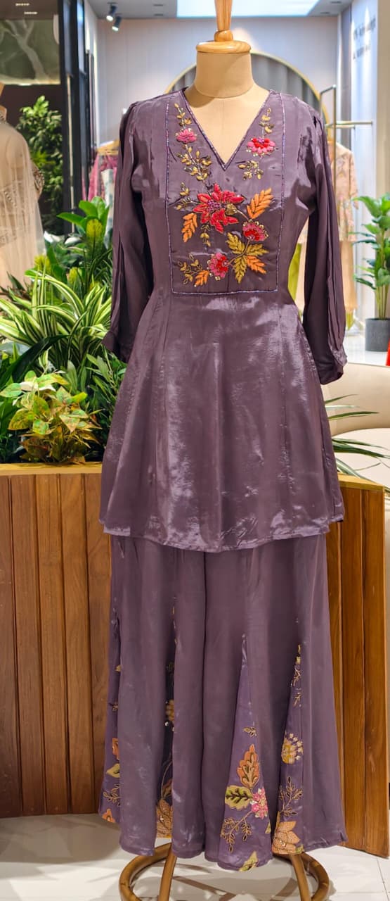 Fine Floral Embroidery Yoke Peplum Style Kurta With Panel Palazzo Bottom- 13073